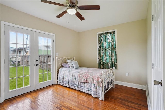 3713 Lausat St, Metairie, LA 70001 - bedroom featuring french doors, access to exterior, hardwood / wood-style flooring, and ceiling fan