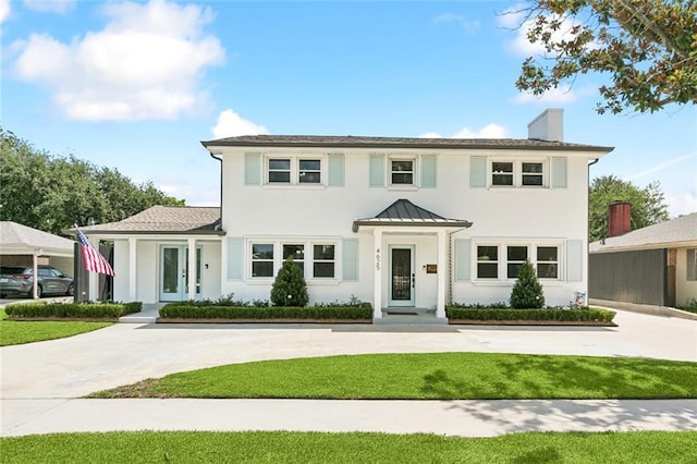 4625 Cleveland Pl, Metairie, LA 70003 - view of front of home with a chimney, a front yard, a standing seam roof, and curved driveway