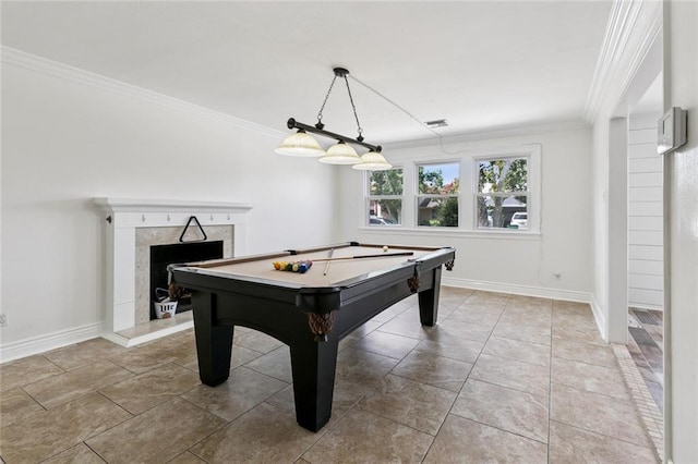 4625 Cleveland Pl, Metairie, LA 70003 - recreation room featuring ornamental molding, a fireplace, and billiards