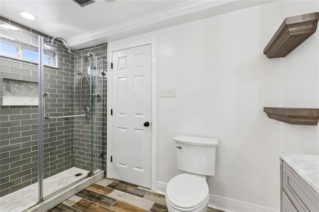 4625 Cleveland Pl, Metairie, LA 70003 - bathroom with a shower stall, vanity, and crown molding