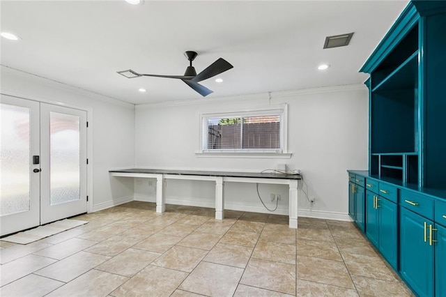 4625 Cleveland Pl, Metairie, LA 70003 - unfurnished office with ornamental molding, french doors, a ceiling fan, recessed lighting, and light tile patterned floors