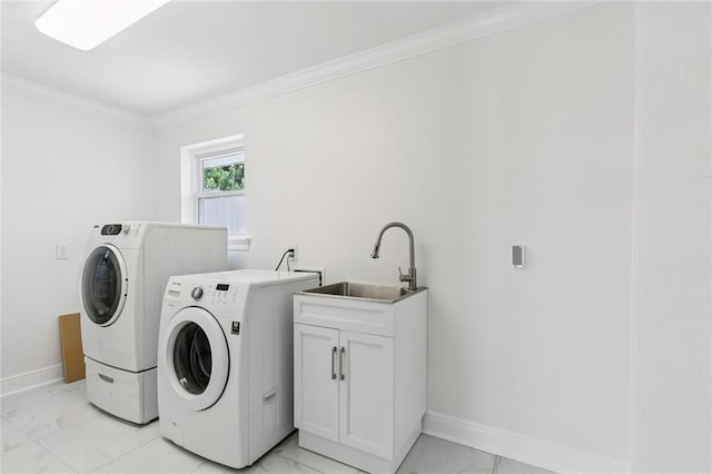 4625 Cleveland Pl, Metairie, LA 70003 - laundry area with light marble finish floors, washer and clothes dryer, crown molding, and cabinet space