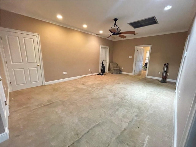 2986 Palm Dr, Slidell, LA 70458 - spare room featuring light carpet, ceiling fan, recessed lighting, and ornamental molding