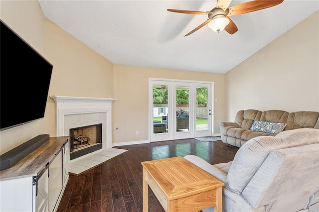 416 Spartan Loop, Slidell, LA 70458 - living area with vaulted ceiling, hardwood / wood-style flooring, a ceiling fan, and a fireplace