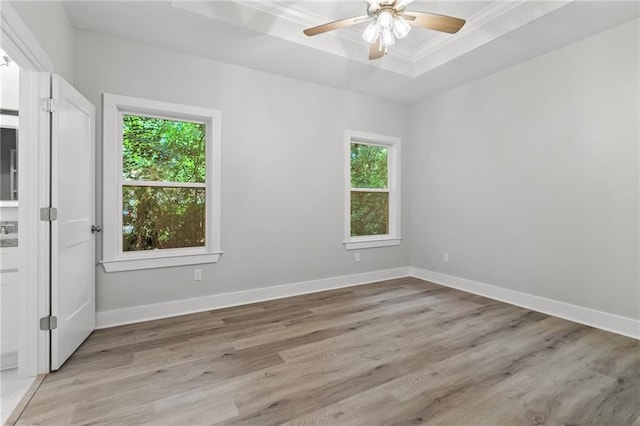 74446 Delta Ave, Covington, LA 70435 - spare room featuring a tray ceiling, light wood-style flooring, a ceiling fan, and ornamental molding