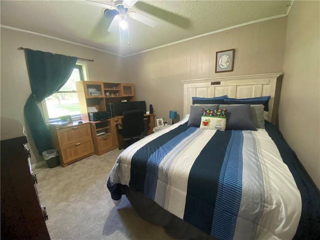 74258 N River Rd, Kentwood, LA 70444 - bedroom featuring light colored carpet, a textured ceiling, crown molding, and ceiling fan