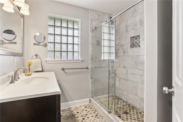 6910 General Diaz St, New Orleans, LA 70124 - full bathroom with vanity, a shower stall, and a chandelier