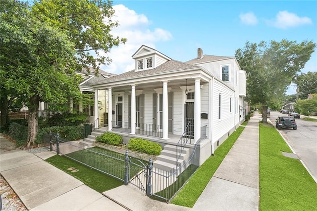 4532-34 Chestnut St, New Orleans, LA 70115 - view of front of house featuring a porch, a gate, a fenced front yard, a chimney, and roof with shingles