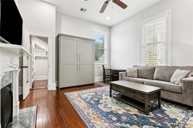 4532-34 Chestnut St, New Orleans, LA 70115 - living room featuring ceiling fan, dark wood-type flooring, a high end fireplace, and recessed lighting