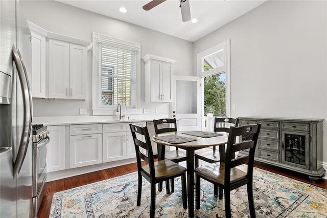 4532-34 Chestnut St, New Orleans, LA 70115 - dining space featuring dark wood finished floors, a ceiling fan, and recessed lighting