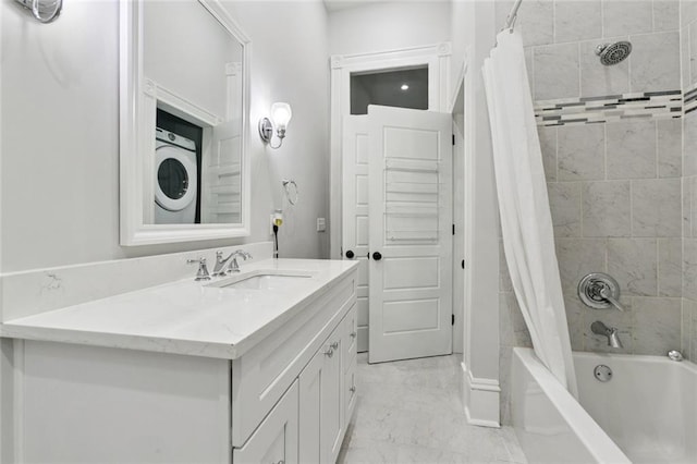 4532-34 Chestnut St, New Orleans, LA 70115 - full bath featuring vanity, shower / bath combination with curtain, marble finish floors, and stacked washer and clothes dryer