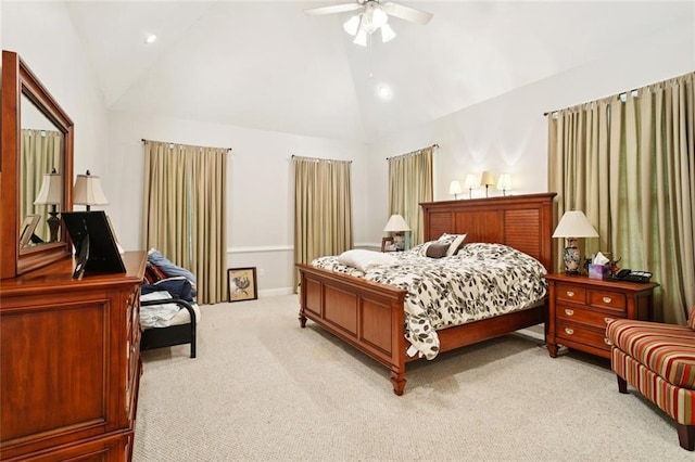 19632 Carol Morgan Rd, Franklinton, LA 70438 - bedroom featuring light colored carpet, ceiling fan, recessed lighting, and high vaulted ceiling