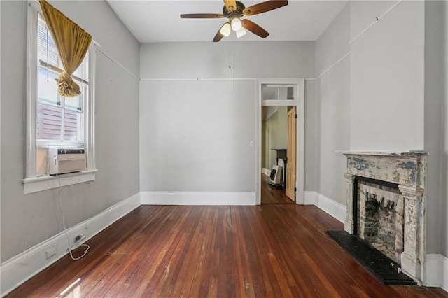 820-22 N Salcedo St, New Orleans, LA 70119 - unfurnished living room featuring ceiling fan, hardwood / wood-style flooring, a fireplace, and cooling unit