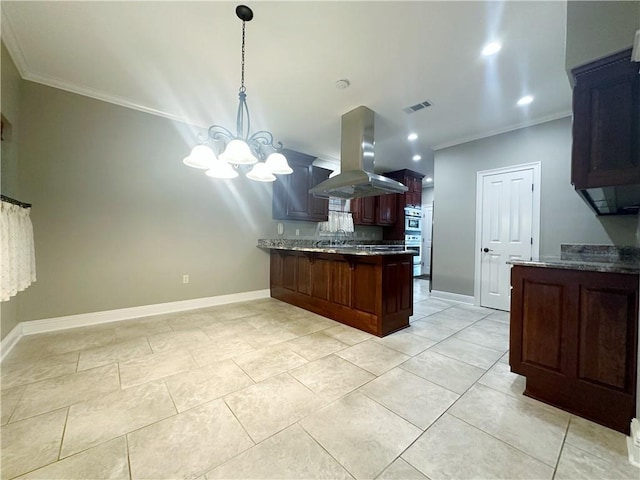 118 Golden Pheasant Dr, Slidell, LA 70461 - kitchen featuring island exhaust hood, crown molding, a peninsula, a chandelier, and a breakfast bar