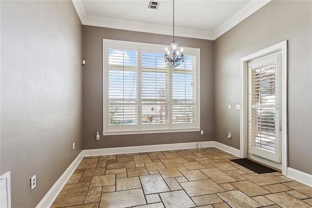 110 Lac Felicity Dr, Luling, LA 70070 - unfurnished dining area featuring a chandelier, stone tile floors, plenty of natural light, and crown molding