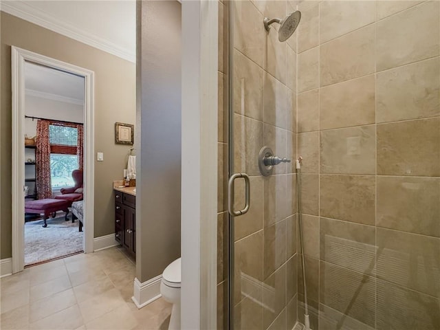 242 Douglas Dr, New Orleans, LA 70123 - full bath featuring crown molding, a stall shower, vanity, and tile patterned floors