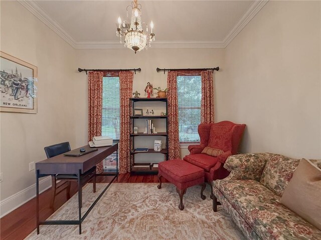 242 Douglas Dr, New Orleans, LA 70123 - office space featuring wood finished floors, a chandelier, and crown molding