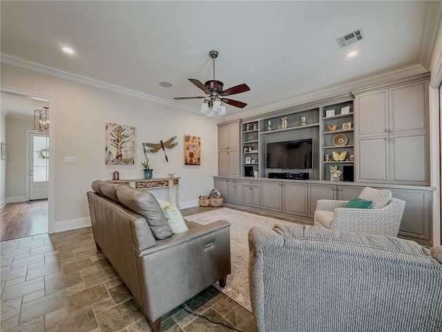 242 Douglas Dr, New Orleans, LA 70123 - living room featuring ornamental molding, a ceiling fan, a chandelier, stone tile flooring, and recessed lighting