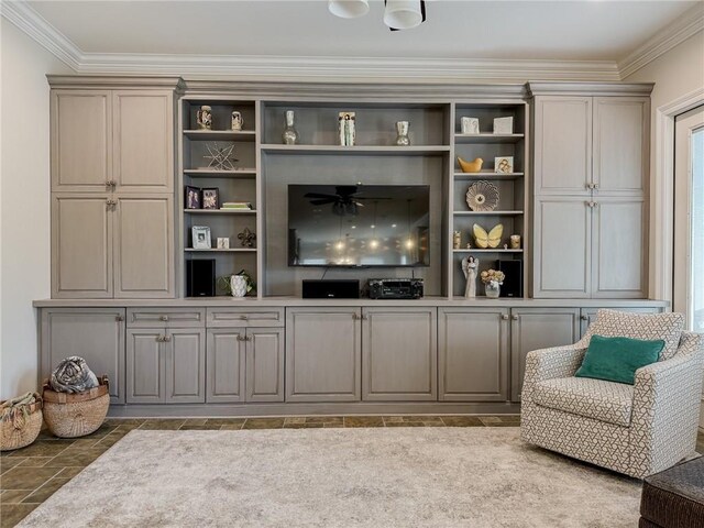 242 Douglas Dr, New Orleans, LA 70123 - living area featuring crown molding, ceiling fan, and plenty of natural light