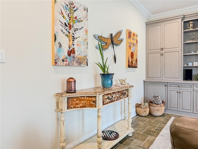 242 Douglas Dr, New Orleans, LA 70123 - hall with ornamental molding and stone finish flooring