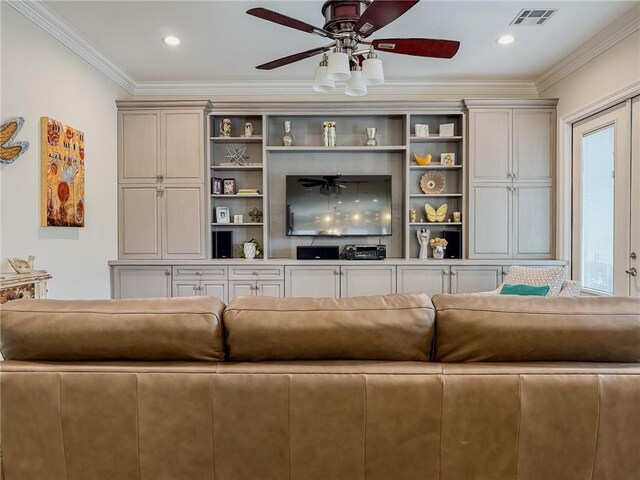 242 Douglas Dr, New Orleans, LA 70123 - living area featuring crown molding, ceiling fan, and recessed lighting