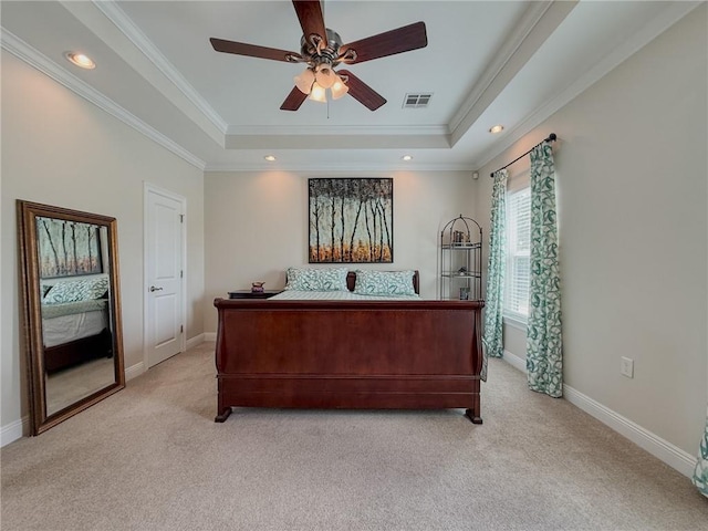 242 Douglas Dr, New Orleans, LA 70123 - bedroom with a raised ceiling, light colored carpet, crown molding, recessed lighting, and ceiling fan