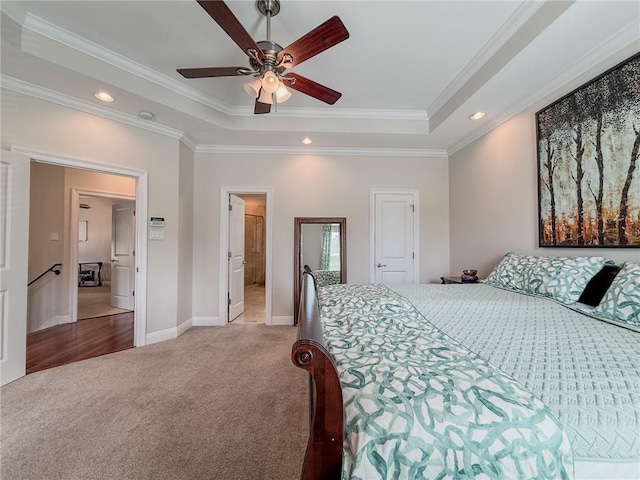 242 Douglas Dr, New Orleans, LA 70123 - carpeted bedroom with a raised ceiling, crown molding, recessed lighting, and a ceiling fan