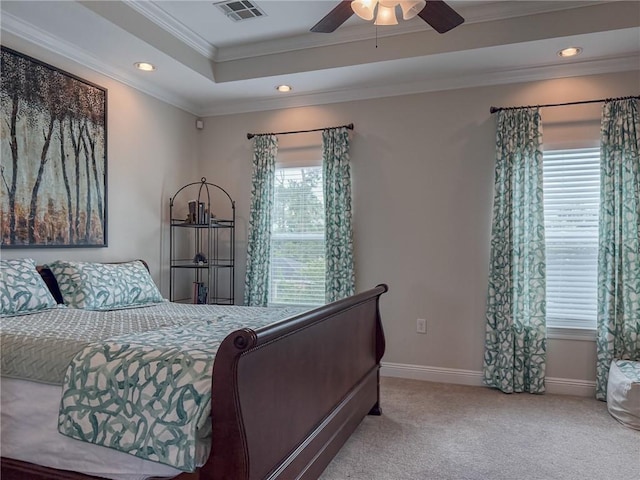 242 Douglas Dr, New Orleans, LA 70123 - bedroom featuring ornamental molding, carpet flooring, recessed lighting, a ceiling fan, and a raised ceiling