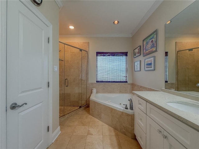 242 Douglas Dr, New Orleans, LA 70123 - full bath featuring a garden tub, vanity, a stall shower, tile patterned floors, and crown molding