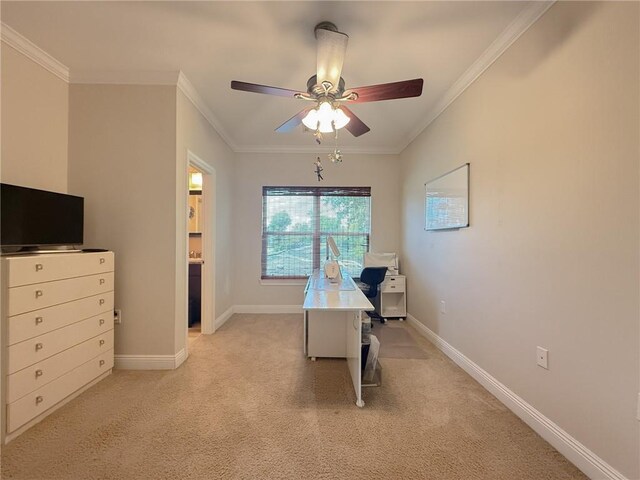 242 Douglas Dr, New Orleans, LA 70123 - home office featuring ceiling fan, crown molding, and light colored carpet