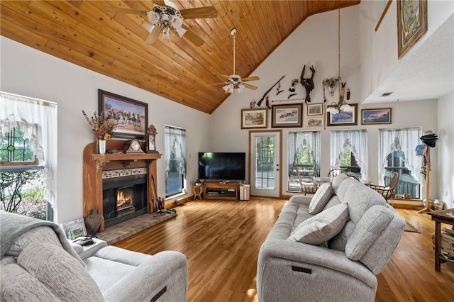 81011 Bob Baxter Rd, Bush, LA 70431 - living area featuring ceiling fan, high vaulted ceiling, a lit fireplace, plenty of natural light, and wood ceiling