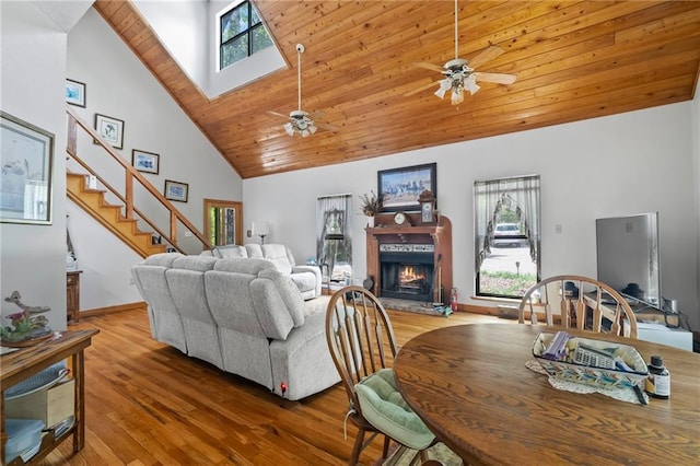 81011 Bob Baxter Rd, Bush, LA 70431 - living room with high vaulted ceiling, ceiling fan, wood finished floors, a lit fireplace, and plenty of natural light