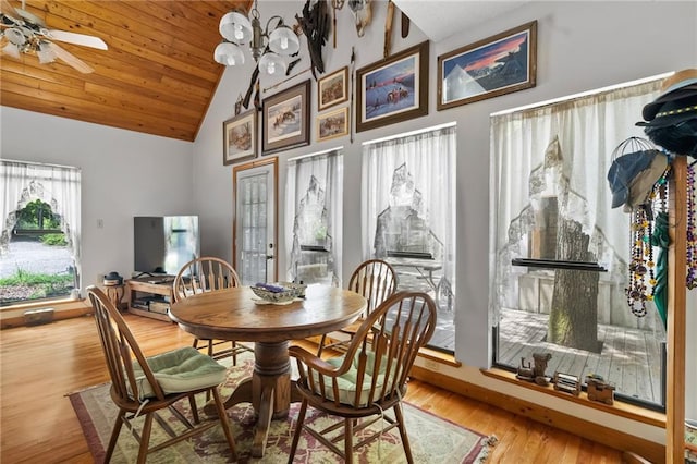 81011 Bob Baxter Rd, Bush, LA 70431 - dining room with wood finished floors, high vaulted ceiling, a ceiling fan, and wood ceiling