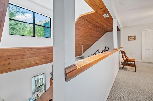 81011 Bob Baxter Rd, Bush, LA 70431 - hall featuring healthy amount of natural light, carpet floors, vaulted ceiling, and wooden ceiling
