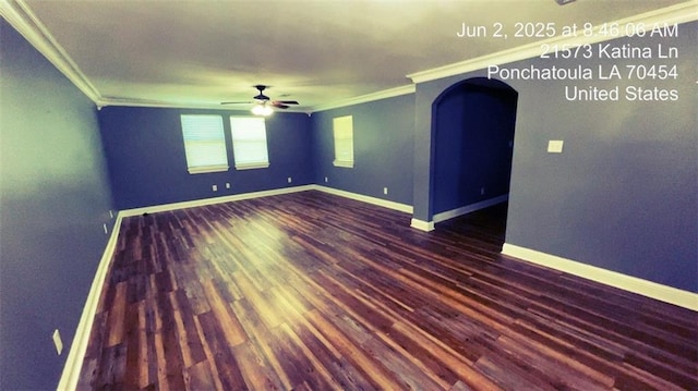 21573 Katina Ln, Ponchatoula, LA 70454 - unfurnished room featuring ornamental molding, a ceiling fan, arched walkways, and wood finished floors