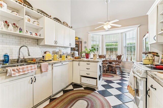 57 Beverly Garden Dr, Metairie, LA 70001 - kitchen featuring white appliances, open shelves, tile patterned floors, ceiling fan, and decorative backsplash