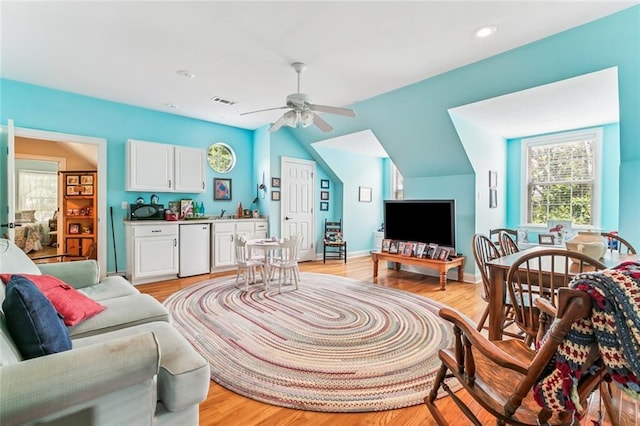 57 Beverly Garden Dr, Metairie, LA 70001 - living area featuring a ceiling fan, light wood finished floors, lofted ceiling, and recessed lighting