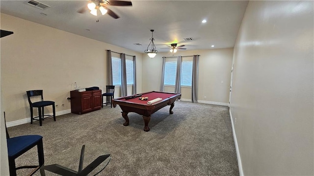 181 Latigue Rd, Avondale, LA 70094 - playroom with ceiling fan, pool table, carpet flooring, and recessed lighting