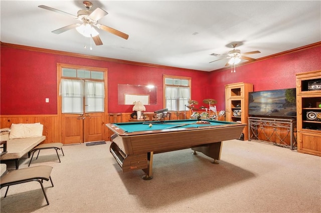 60222 N Bell Rd, Amite, LA 70422 - recreation room featuring a ceiling fan, wainscoting, carpet flooring, pool table, and ornamental molding