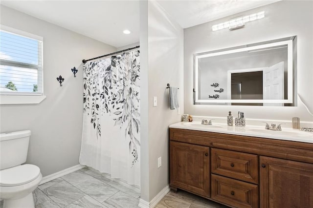 243 Carr Dr, Slidell, LA 70458 - full bathroom featuring marble look tile flooring, double vanity, and a shower with shower curtain