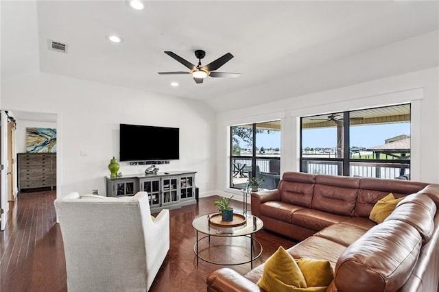212 Ranger Pl, Slidell, LA 70458 - living room with ceiling fan, recessed lighting, vaulted ceiling, and dark wood finished floors
