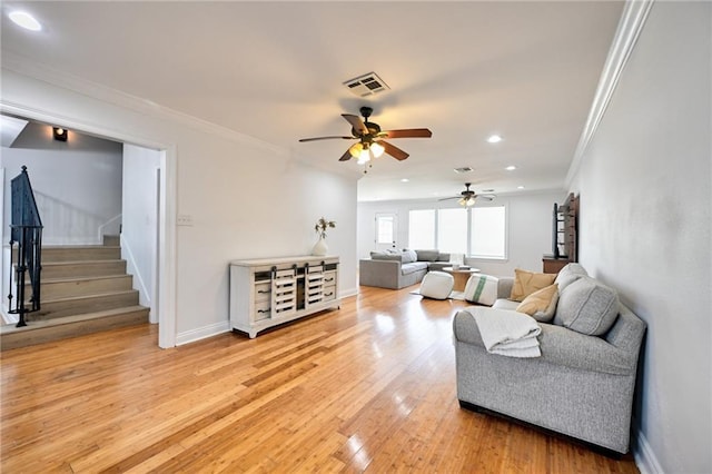 4043 S Inwood Ave, New Orleans, LA 70131 - living area with ceiling fan, crown molding, stairway, light wood-style floors, and recessed lighting