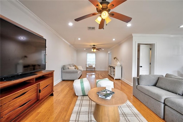 4043 S Inwood Ave, New Orleans, LA 70131 - living room with a ceiling fan, ornamental molding, light wood-style flooring, and recessed lighting