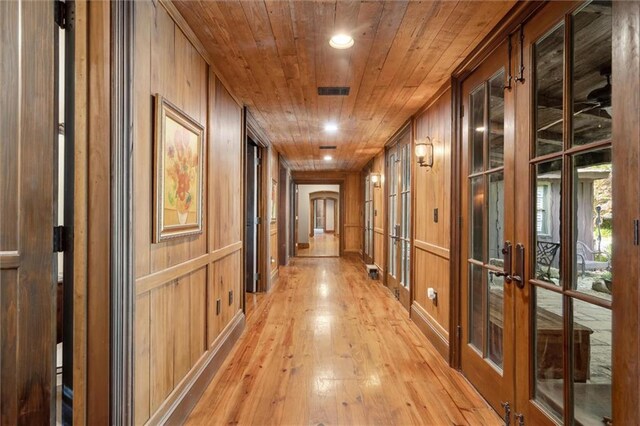 266 Wpa Rd, Ms, MS 39459 - hallway with wood ceiling, french doors, light wood-style floors, wood walls, and recessed lighting