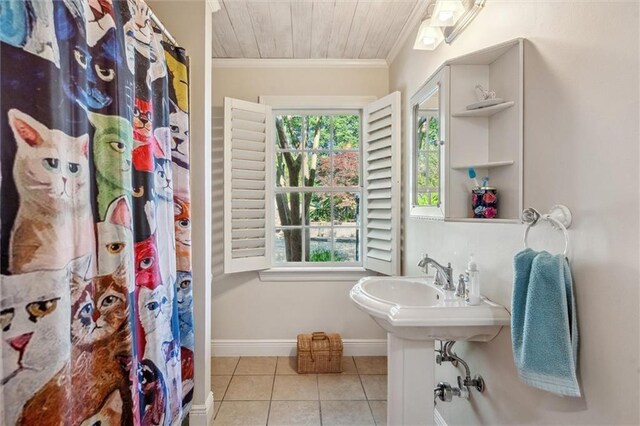 266 Wpa Rd, Ms, MS 39459 - bathroom with tile patterned flooring, ornamental molding, plenty of natural light, wooden ceiling, and a shower with shower curtain