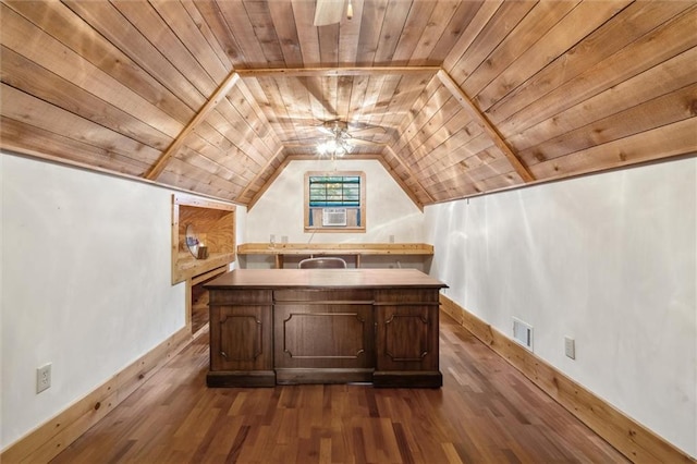 266 Wpa Rd, Ms, MS 39459 - office area featuring wood ceiling, lofted ceiling, dark wood-style floors, ceiling fan, and cooling unit