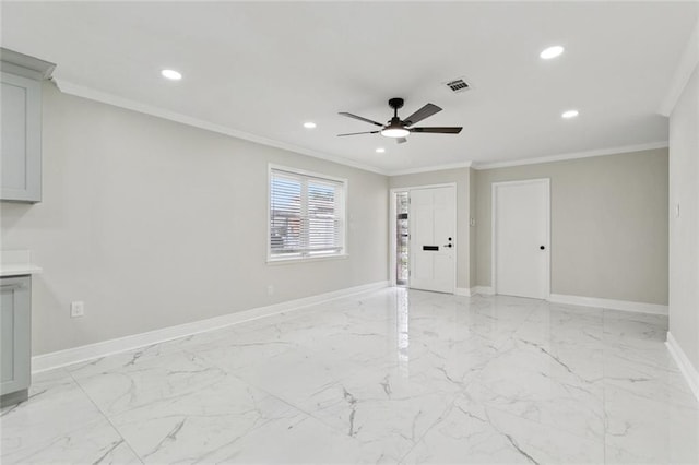 1139 Nursery Ave, Metairie, LA 70005 - unfurnished living room featuring recessed lighting, a ceiling fan, ornamental molding, and light marble finish floors
