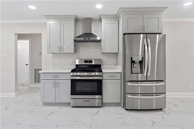 1139 Nursery Ave, Metairie, LA 70005 - kitchen with stainless steel appliances, wall chimney range hood, light marble finish floors, crown molding, and light countertops
