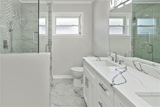 1139 Nursery Ave, Metairie, LA 70005 - bathroom featuring crown molding, healthy amount of natural light, marble finish flooring, double vanity, and a marble finish shower