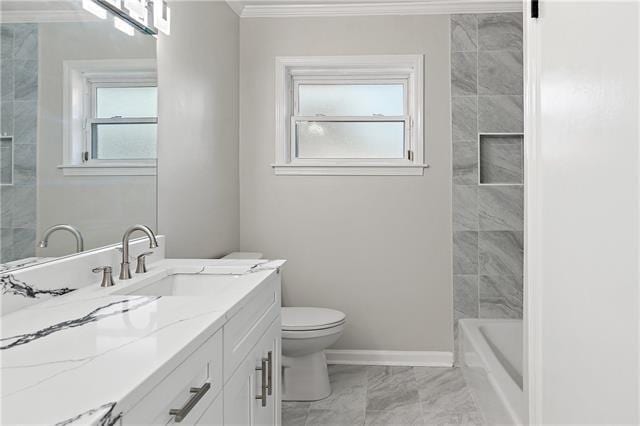 1139 Nursery Ave, Metairie, LA 70005 - full bathroom with vanity, marble look tile flooring, and crown molding